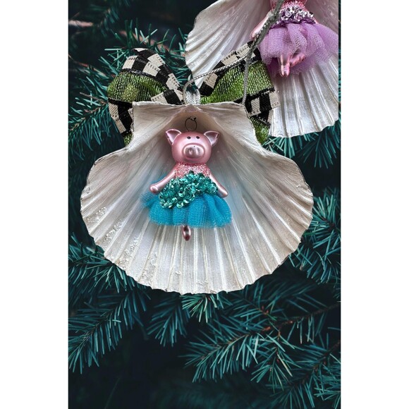Handmade Seashell Christmas Ornaments – Pig & Hippo Ballerinas, Set of 4 - Picture 3 of 5